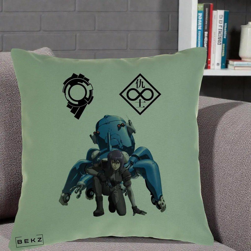 Perna Personalizata Ghost in the Shell Motoko si Tachikoma, 40x40 cm, Verde, Husa Detasabila, Perna Inclusa, BEKZ®