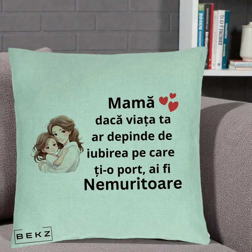 Cadou pentru Mama - Perna Personalizata Mama Nemuritoare cu Balon Inima, 40x40 cm, Verde Menta, Husa Detasabila, Perna Inclusa, BEKZ®