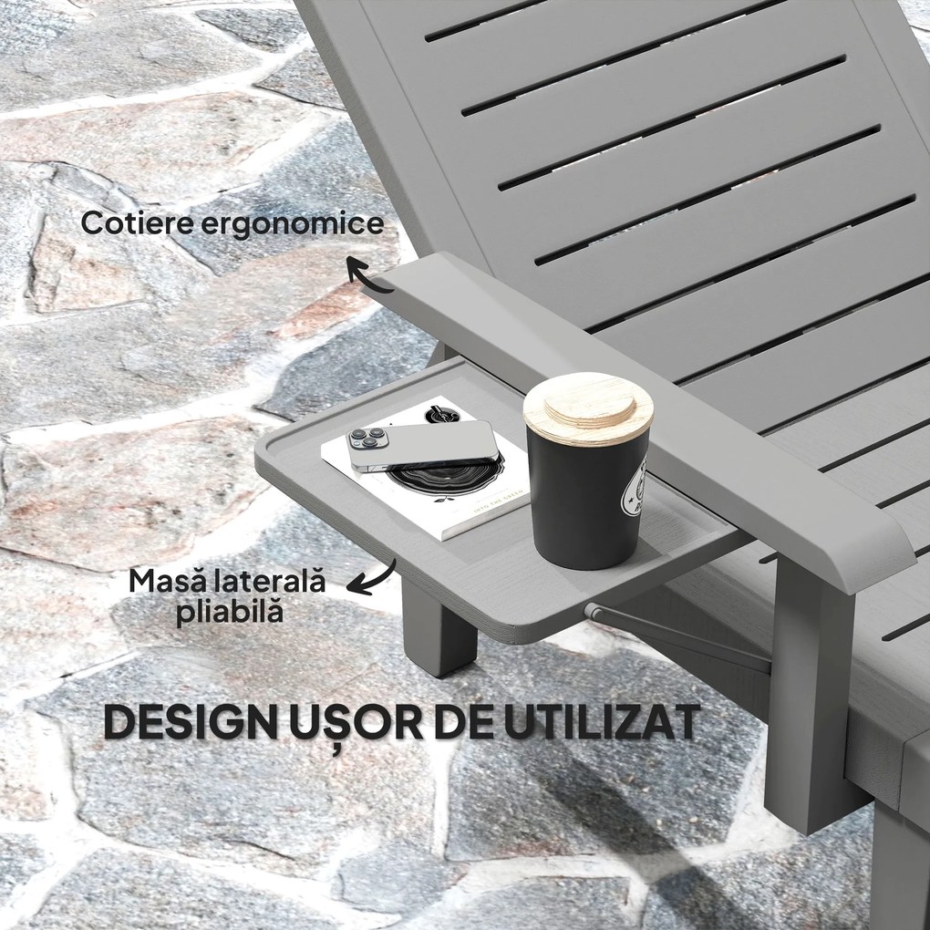 Outsunny Set 2 Șezlonguri cu Spătar Reglabil în 5 Poziții, Măsuță și Brațe Ergonomice, 79x158x88 cm, Gri | Aosom Romania