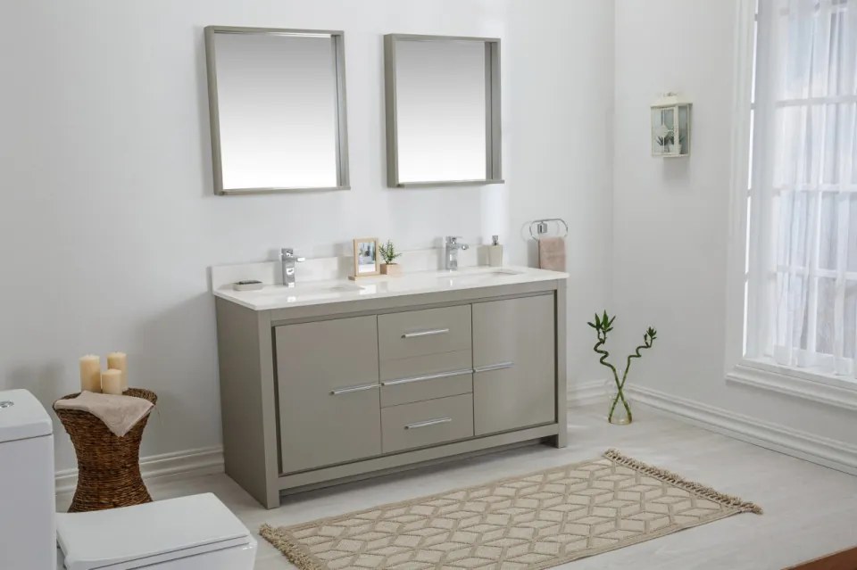 Set Mobilier Baie Superior 60, Include Dulap Baza cu Lavoar Dublu și 2 Oglinzi, 150 cm, Gri