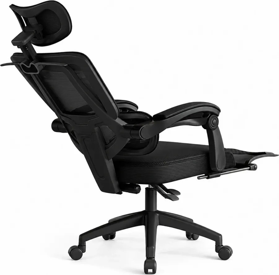 Scaun ergonomic cu suport lombar, tetieră reglabilă 3D, suport pentru picioare, Mesh, Negru