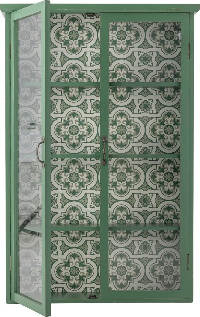 Dulap din lemn masiv verde cu uși vitrate și model floral interior, 81×18×122 cm, „Hazem"