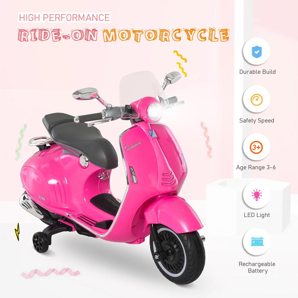 HOMCOM Motocicleta Jucarie cu Licenta Oficiala Vespa, Motocicleta pentru Copii 3+ Ani din PP si Otel, 2 Roti Suplimentare, 108x49x75cm Roz | Aosom RO