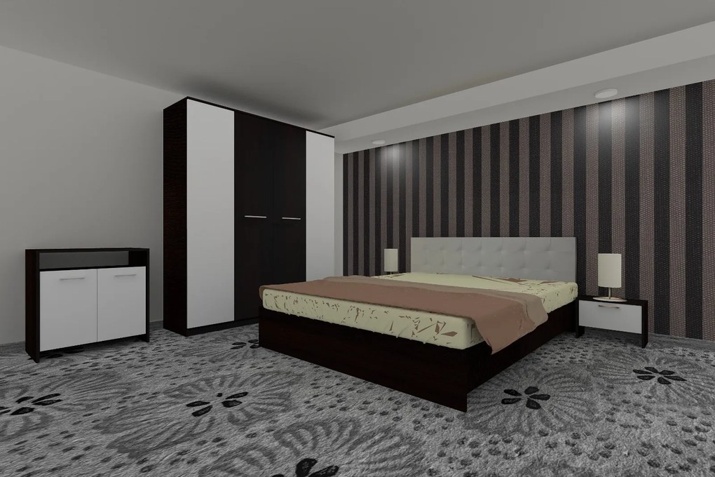 Dormitor Luiza 4U5PTA, culoare magia (wenge) / alb, cu pat tapiterie alba 140 x 200, dulap cu 4 usi 164 cm, comoda si 2 noptiere