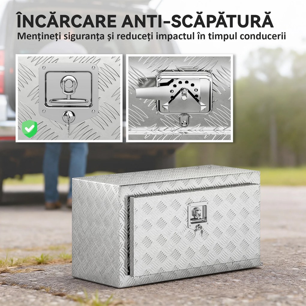 HOMCOM Cutie de Unelte din Aluminiu cu Încuietoare și 2 Chei, Cutie de Depozitare 96L, Rezistentă și Impermeabilă, pentru Pick-Up, Camper, Remorci, 76,2x35,5x40,6cm, Argintiu | Aosom Romania