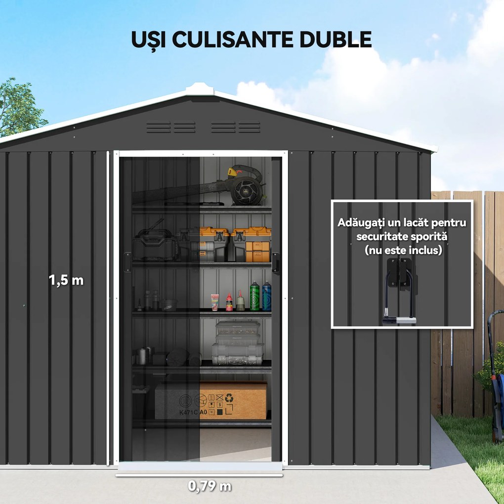 Outsunny Căsuță de Grădină 3.6m² din Oțel Zincat cu Grile de Ventilație, Căsuță de Grădină cu Uși Glisante Duble Blocabile, Acoperiș Înclinat, Căsuță pentru Unelte cu Mănuși, Gri Închis | Aosom Romania