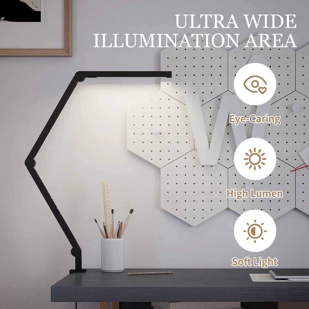 HOMCOM Lampă de Birou LED Dimmabilă cu Clește, Braț Reglabil și 2 Culori de Lumină, Negru | Aosom Romania