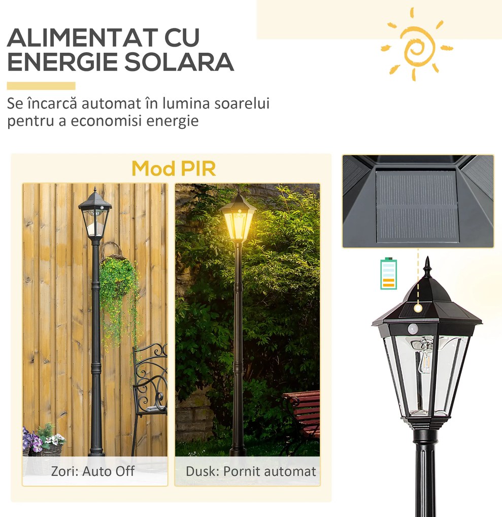 Outsunny Stâlp Solar de Grădină cu Lumină LED și Senzor de Mișcare, Negru | Aosom Romania