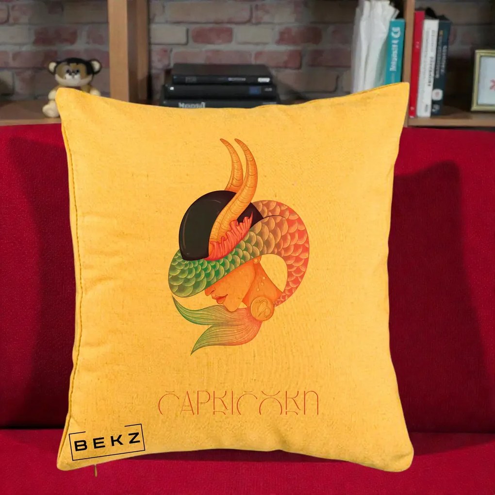 Perna Personalizata Zodiac Capricorn Cowgirl, 40x40 cm, Galben, Husa Detasabila, Perna Inclusa, BEKZ®