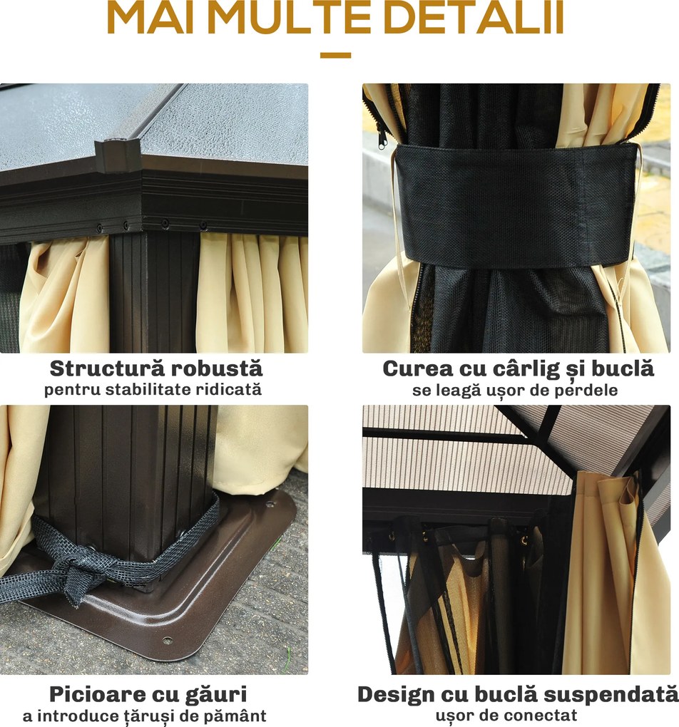 Outsunny Pavilion de grădină Hardtop 4.2 x 3.6 m, Draperii cu plasă împotriva insectelor, Structură din aluminiu, Maro+Crem | Aosom Romania