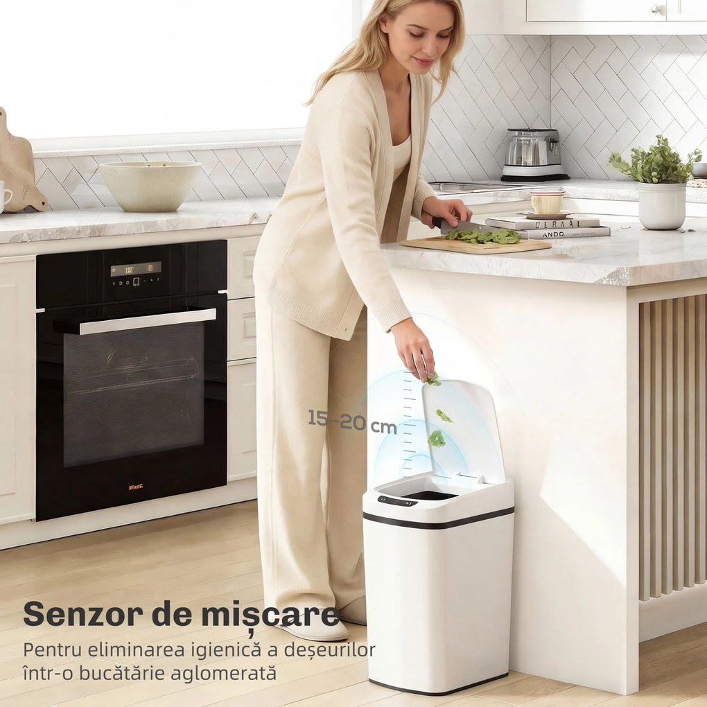 HOMCOM Coș de Gunoi de 12L cu Senzor Infraroșu, Buton Touch și Găleată Detașabilă, Coș de Gunoi din Oțel Inoxidabil, ABS și PP, 28x22x41 cm, Alb | Aosom Romania