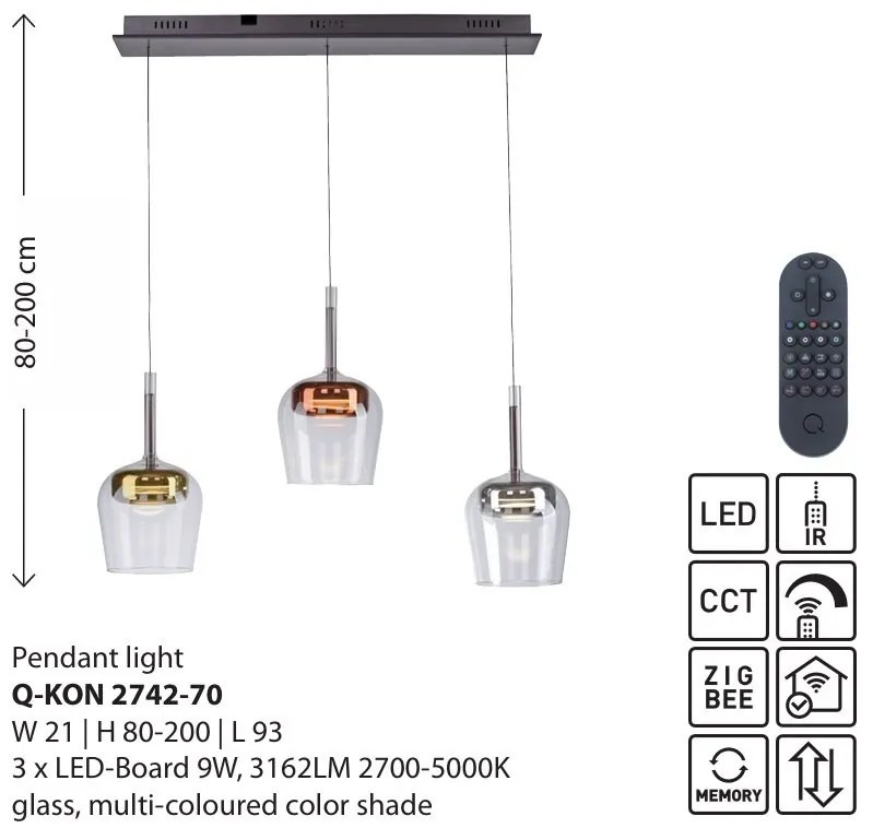 Lustra LED Smart cu Telecomanda, CCT, 3 pendule, Sticla, Multicolor, Q-KON