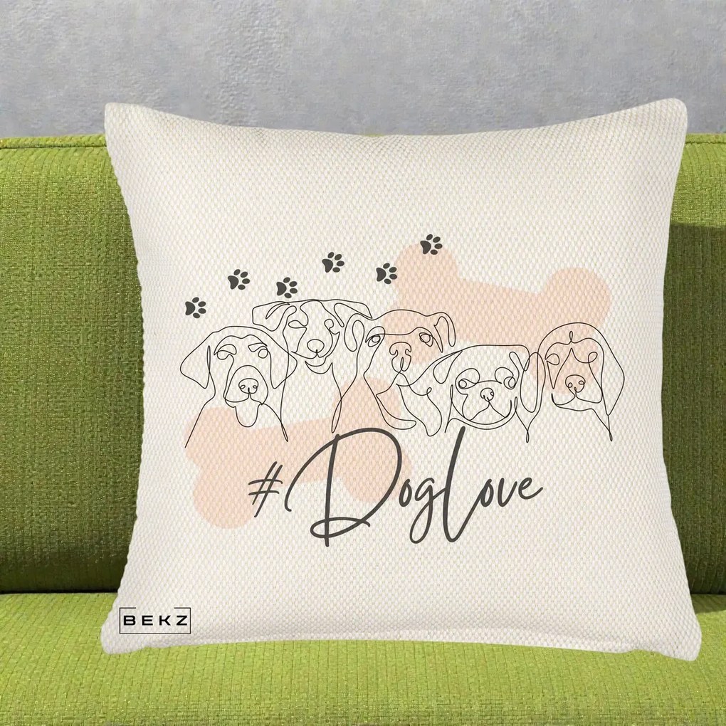 Perna Personalizata Dog Love Linie Minimalista, 40x40 cm, Crem Reliefat, Husa Detasabila, Perna Inclusa, BEKZ®