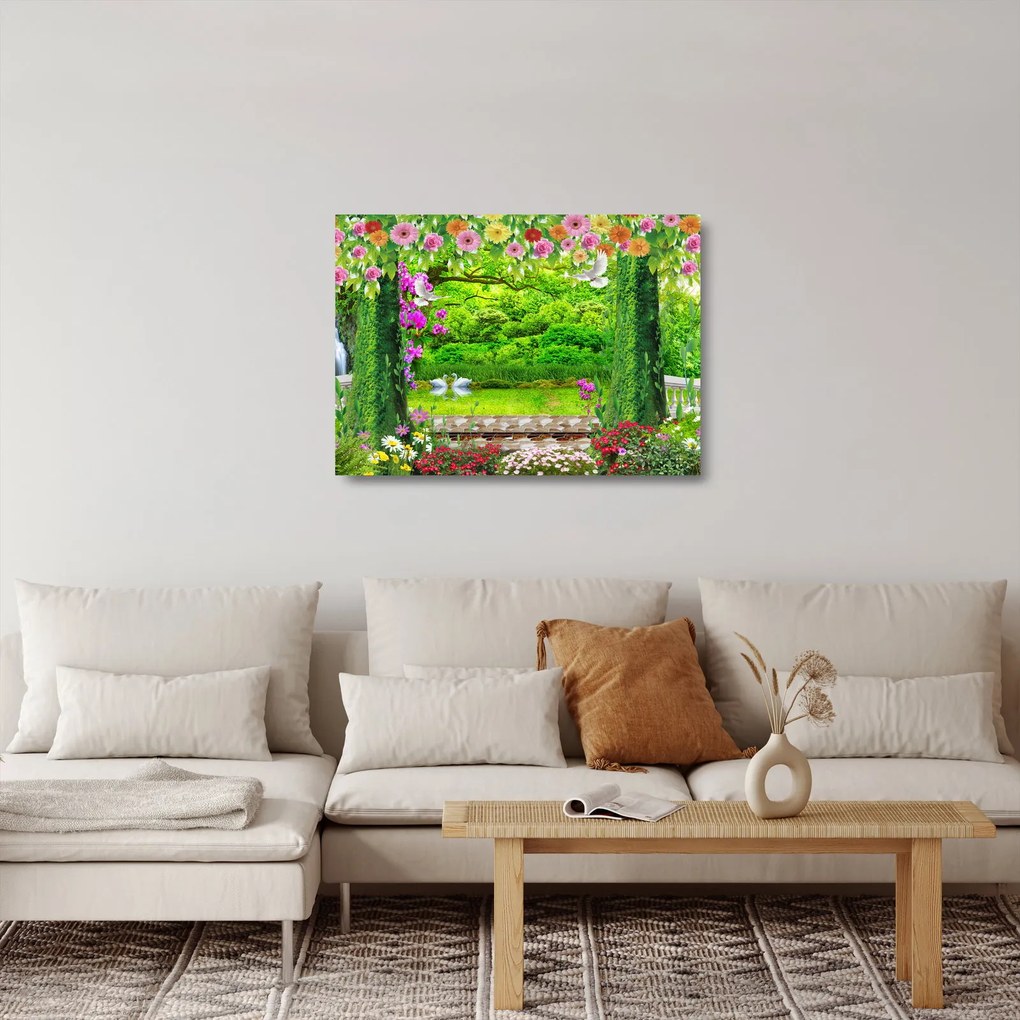 Tablou pe sticlă - Grădina magică cu lebede (70x50 cm)