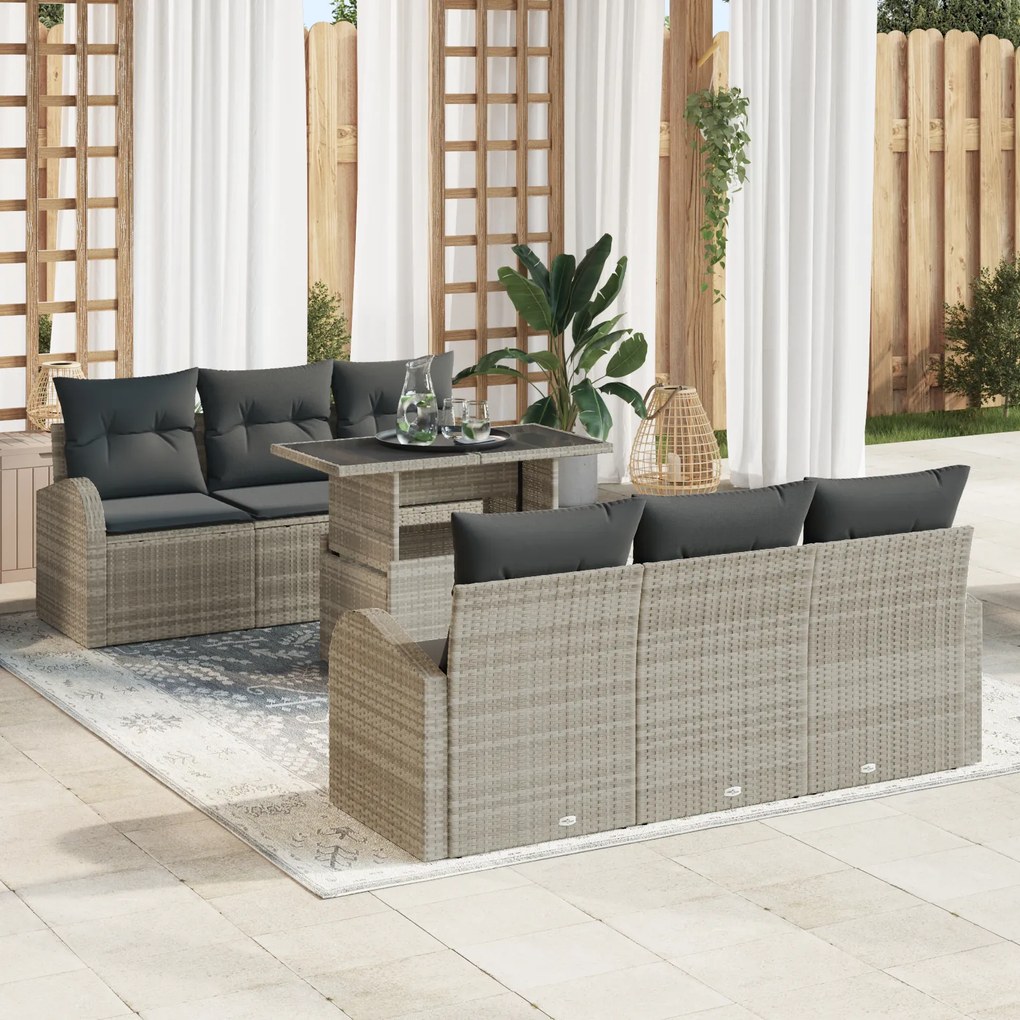 vidaXL Set canapea grădină 7 piese și perne – Ratan poli-light gri