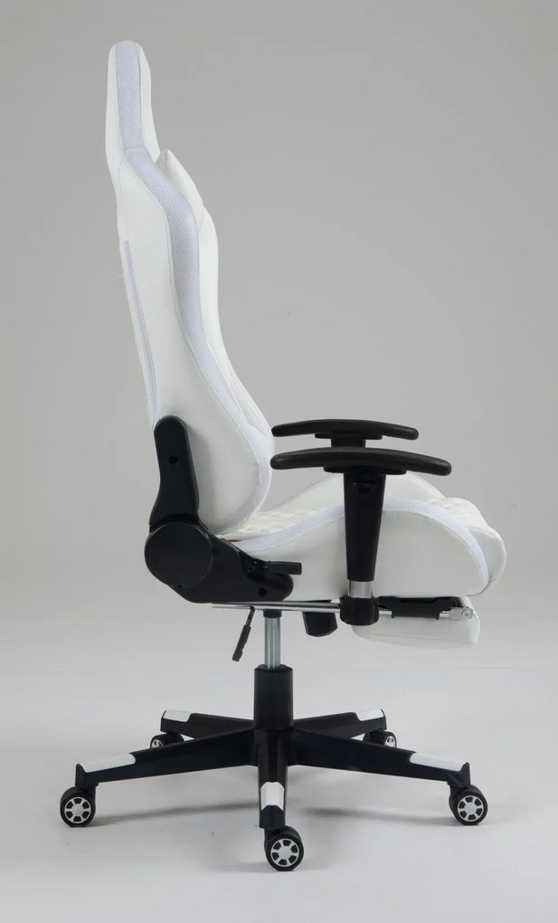 RESIGILAT- Scaun gaming, masaj în perna lombară, suport picioare, funcție șezlong, 90-180 grade, piele ecologica, Alb