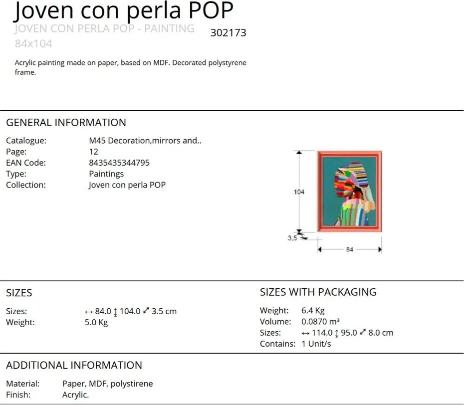 Tablou decorativ Joven con perla POP, 84x104cm