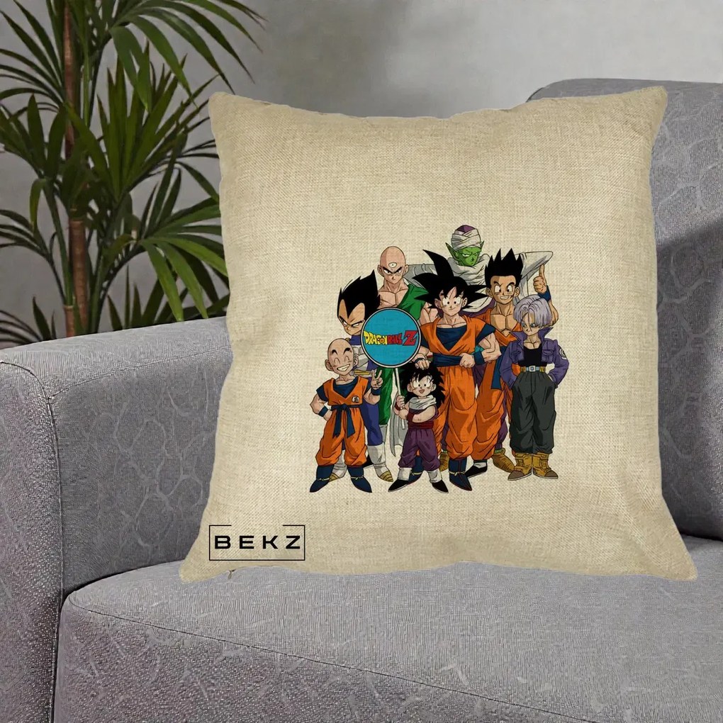Perna Personalizata Dragon Ball Z Grup Complet, 40x40 cm, Crem, Husa Detasabila, Perna Inclusa, BEKZ®