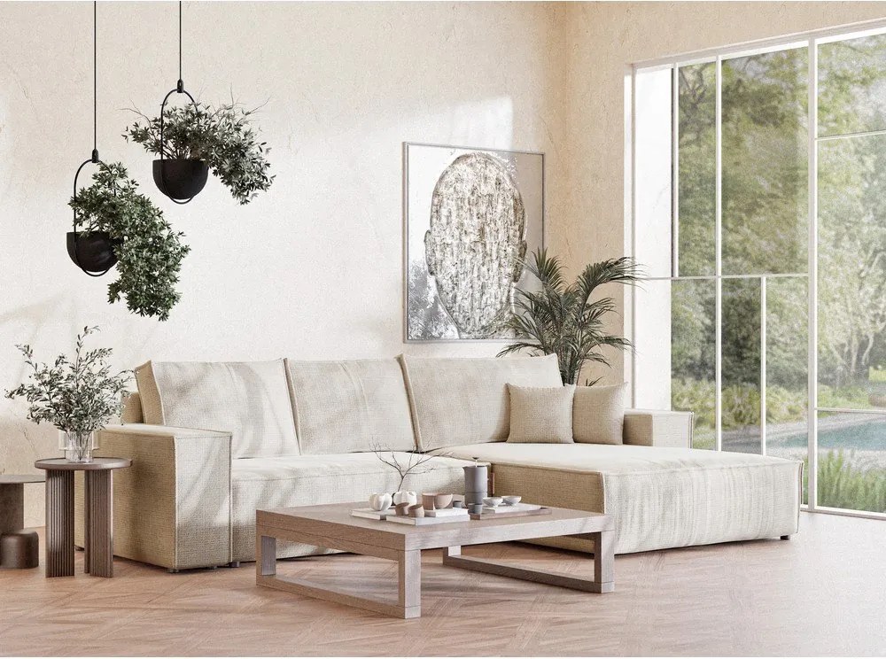 Colțar crem extensibil/cu spațiu de depozitare cu tapițerie din chenille (cu colț pe partea dreaptă/cu șezlong) Maze – Maison de Rêve