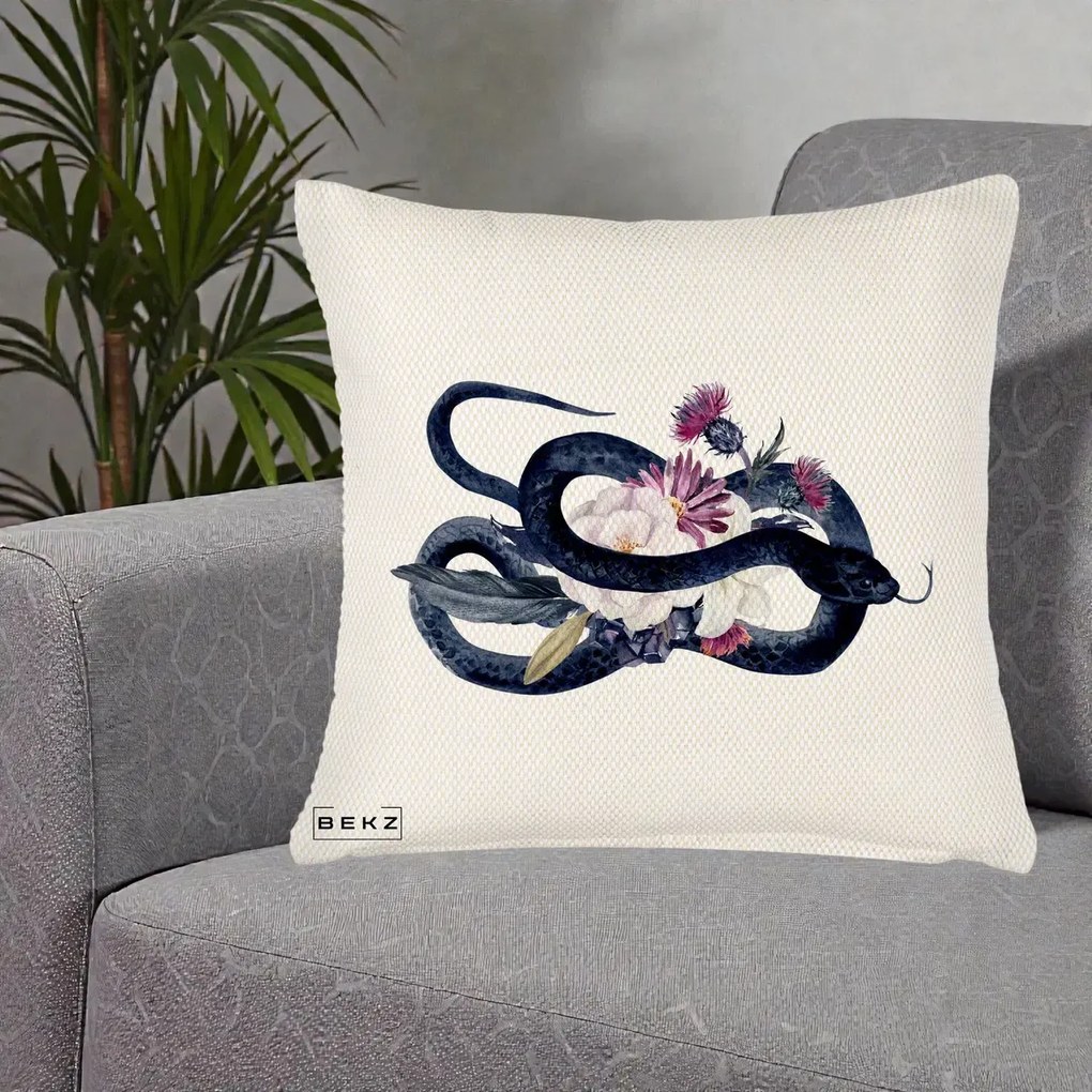 Perna Decorativa Sarpe Negru cu Flori Gothic, 40x40 cm, Crem Reliefat, Husa Detasabila, Perna Inclusa, BEKZ®