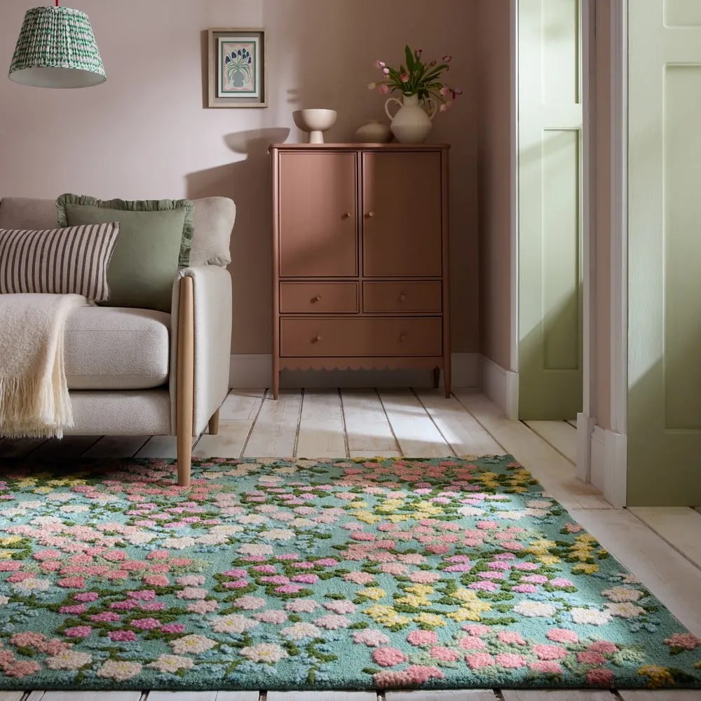 Covor verde mentă țesut manual din lână 200x290 cm Emilia Floral – Flair Rugs