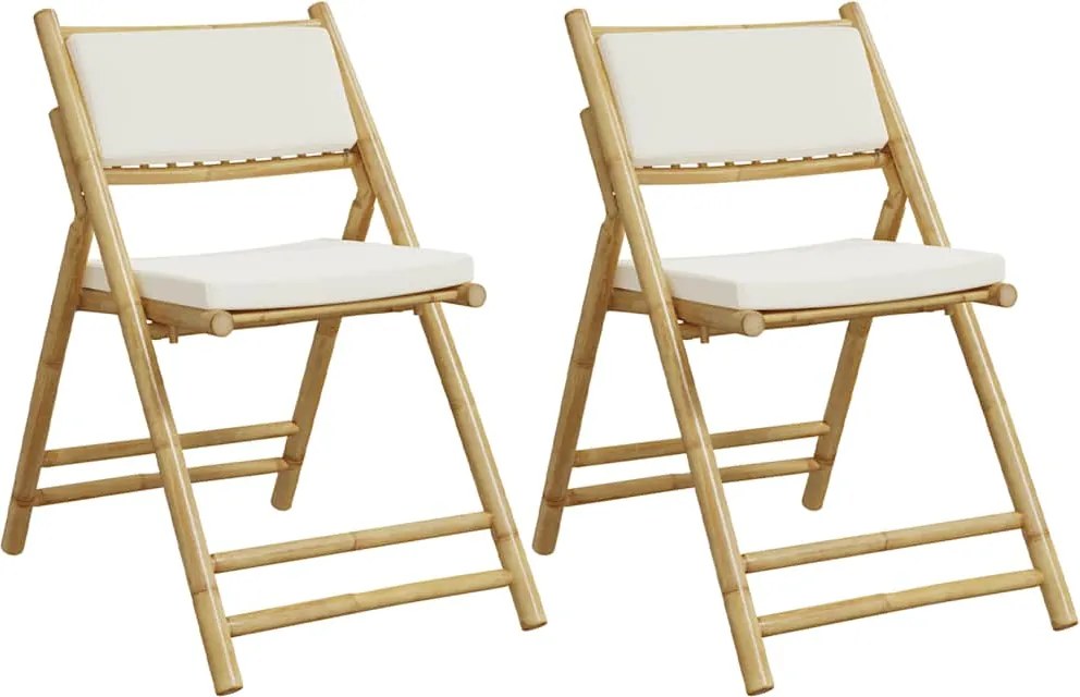 vidaXL Scaune bistro pliabile, 2 buc., cu perne alb crem, bambus
