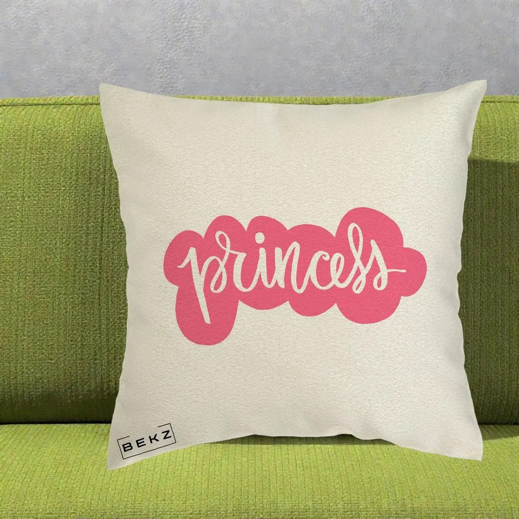 Perna Decorativa Princess Text Roz, 40x40 cm, Ecru, Husa Detasabila, Perna Inclusa, BEKZ®