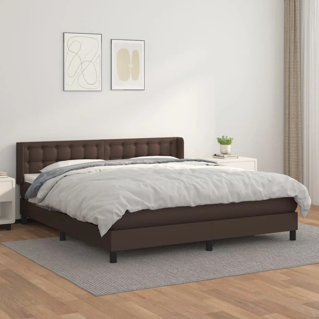 Pat box spring cu saltea, maro, 160x200 cm, piele ecologica Maro, 160 x 200 cm, Nasturi de tapiterie