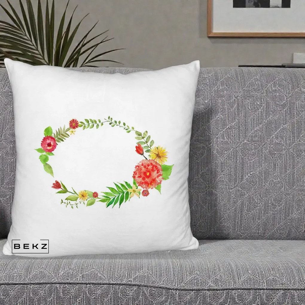 Perna Decorativa Coroana Florala Acuarela, 40x40 cm, Alb Pufos, Husa Detasabila, Perna Inclusa, BEKZ®