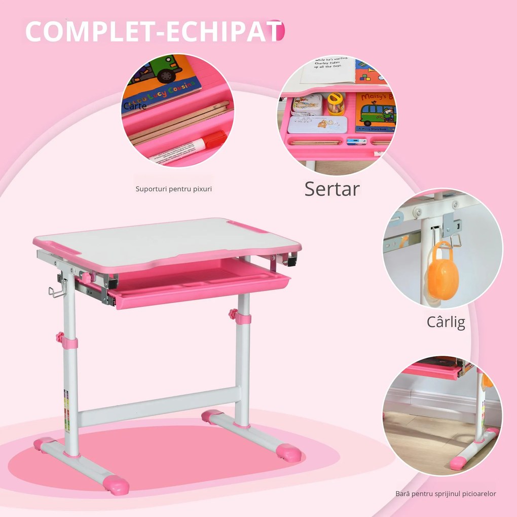 HOMCOM Set Masă și Scaun pentru Copii Reglabilă pe Înălțime, cu Blat Înclinabil 45°, 66x47x52-77 cm, Roz | Aosom Romania