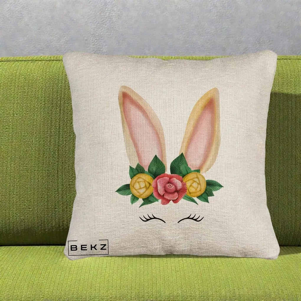 Perna Decorativa Iepuras Flori Urechi Pastelui, 40x40 cm, Bej Canapea, Husa Detasabila, Perna Inclusa, BEKZ®