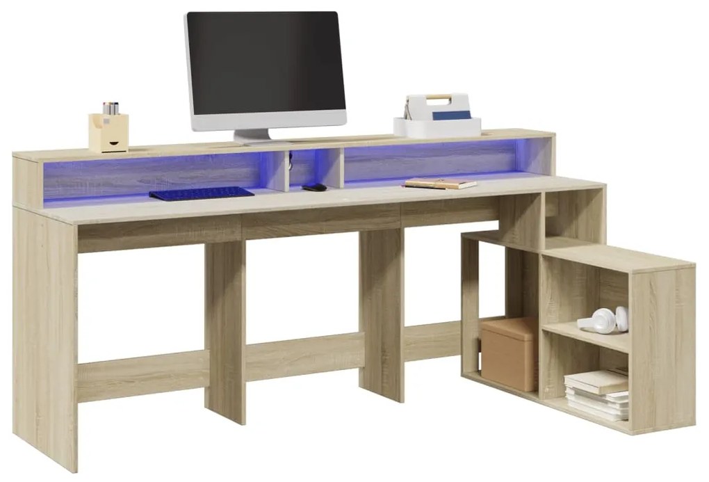 vidaXL Birou cu lumini LED stejar sonoma, 200x104x91cm, lemn prelucrat