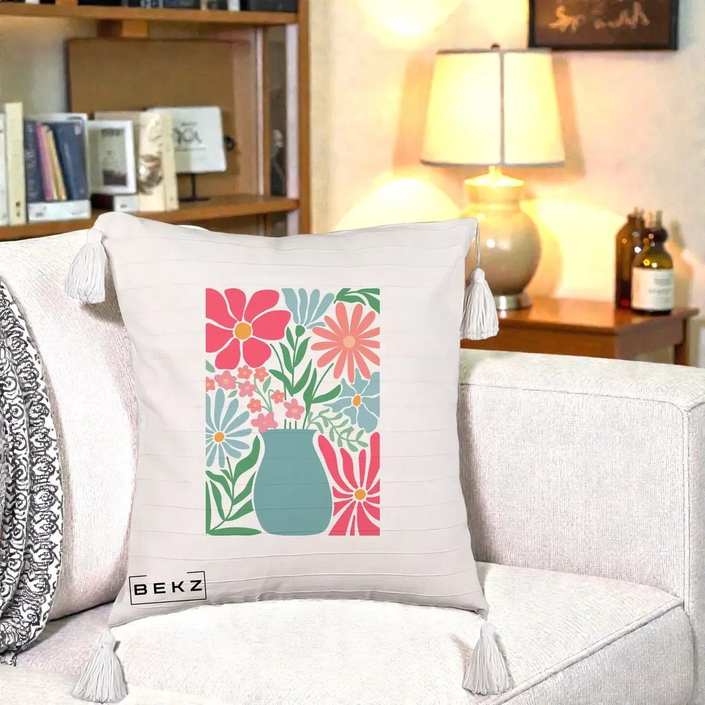 Perna Decorativa Flori in Vaza Turcoaz, 40x40 cm, Bej cu Franjuri, Husa Detasabila, Perna Inclusa, BEKZ®