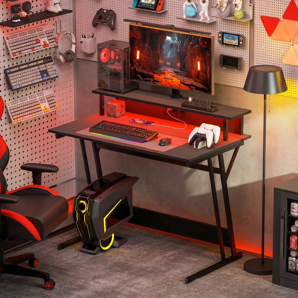 HOMCOM Birou de Gaming cu Lumini LED și Suport pentru Monitor, Masă Gaming cu Port USB și TYPE C, 100x60x88,5 cm, Negru | Aosom Romania