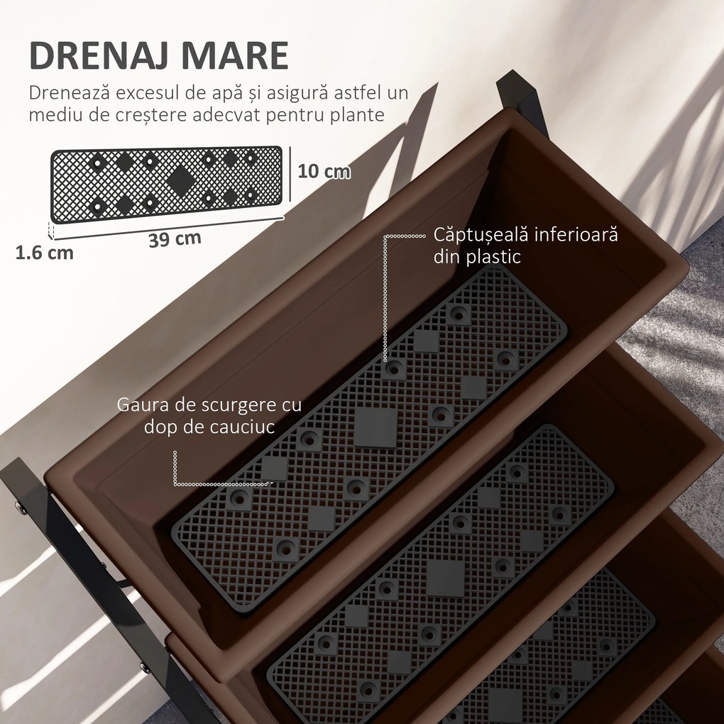 Outsunny Suport pentru Plante Vertical cu 5 Niveluri și 5 Ghivece cu Găuri de Drenaj, Suport din Oțel și Plastic, 55x63x120 cm, Maro | Aosom Romania