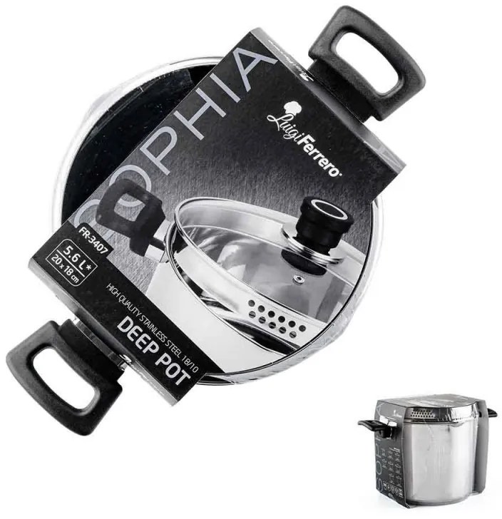 Cratiță adâncă Luigi Ferrero Sophia FR-3407, 20x18 cm, 5.6 l, Oțel 18/10, Capac din sticlă cu gaură pentru abur, Inducție, Inox