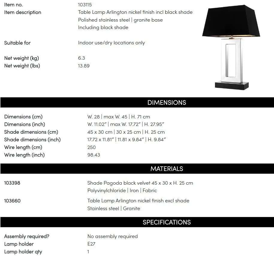 Veioza, lampa de masa LUX, finisaj stainless steel, H-71cm, Arlington 103115 HZ