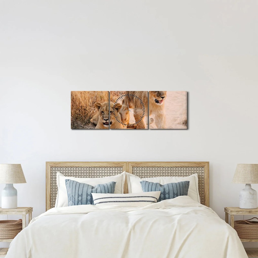 Tablou cu pui de leu (cu ceas) (90x30 cm)