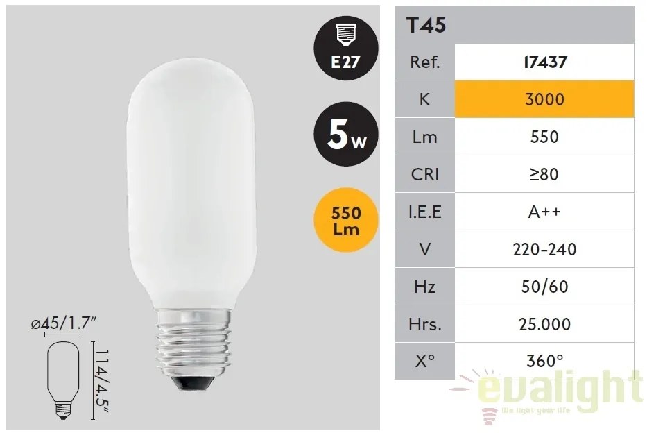 Bec LED E27 T45 MATT 5W 3000K 17437