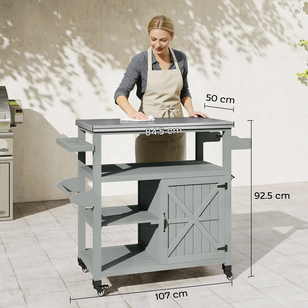 Outsunny Servantă de grădină căruț pentru grătar pe roți cu blat din oțel inoxidabil 107x49,5x92,5cm gri | Aosom Romania