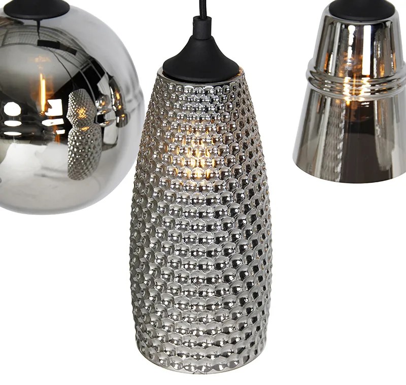 Lampă suspendată Art Deco neagră cu sticlă fumurie cu 8 lumini - Hanne