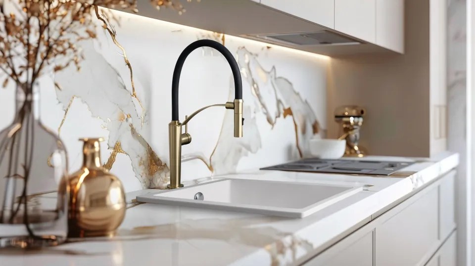 🚰 Baterie bucătărie CORDA, cu pipă flexibilă și 2 funcții, finisaj aur periat – Cod BRC_R72M