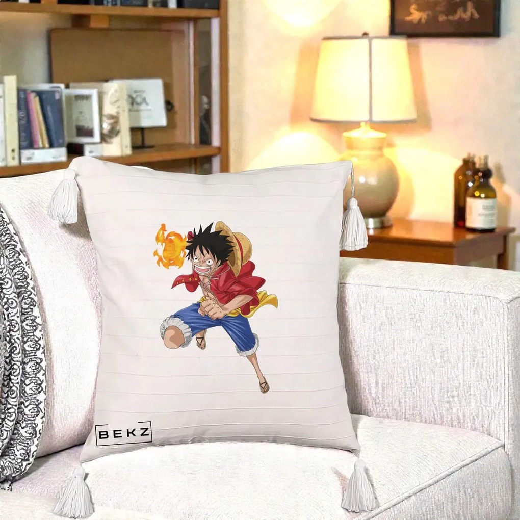 Perna Personalizata One Piece Luffy Gear Second Foc, 40x40 cm, Bej cu Franjuri, Husa Detasabila, Perna Inclusa, BEKZ®