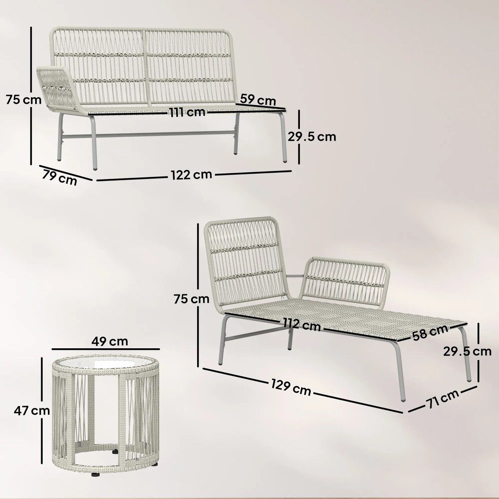 Outsunny Set mobilier de grădină din poliratan 3 piese, set lounge cu chaiselongue canapea pentru două persoane masă cu sticlă perne detașabile | Aosom Romania