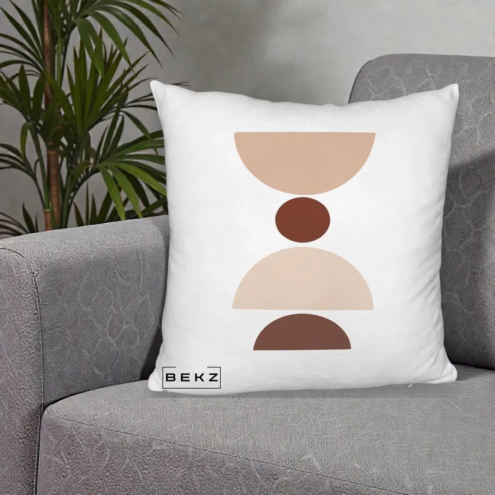 Perna Decorativa Geometric Boho Cerc si Boluri, 40x40 cm, Alb Pufos, Husa Detasabila, Perna Inclusa, BEKZ®