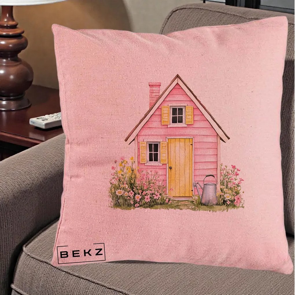 Perna Decorativa Casuta Roz Acuarela cu Gradina, 40x40 cm, Roz, Husa Detasabila, Perna Inclusa, BEKZ®