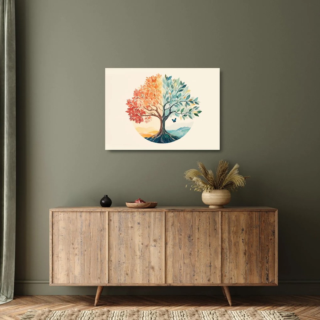 Tablou pe sticlă – Arbore dual cu fluture (70x50 cm)