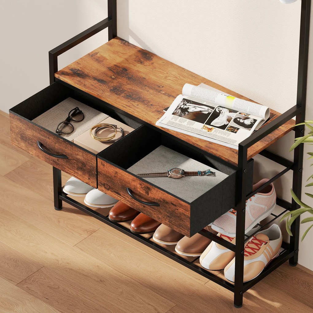 HOMCOM Cuier cu cârlige pentru haine, bancă pentru încălțăminte, organizator industrial pentru hol, cadru din oțel, Maro rustic | Aosom Romania