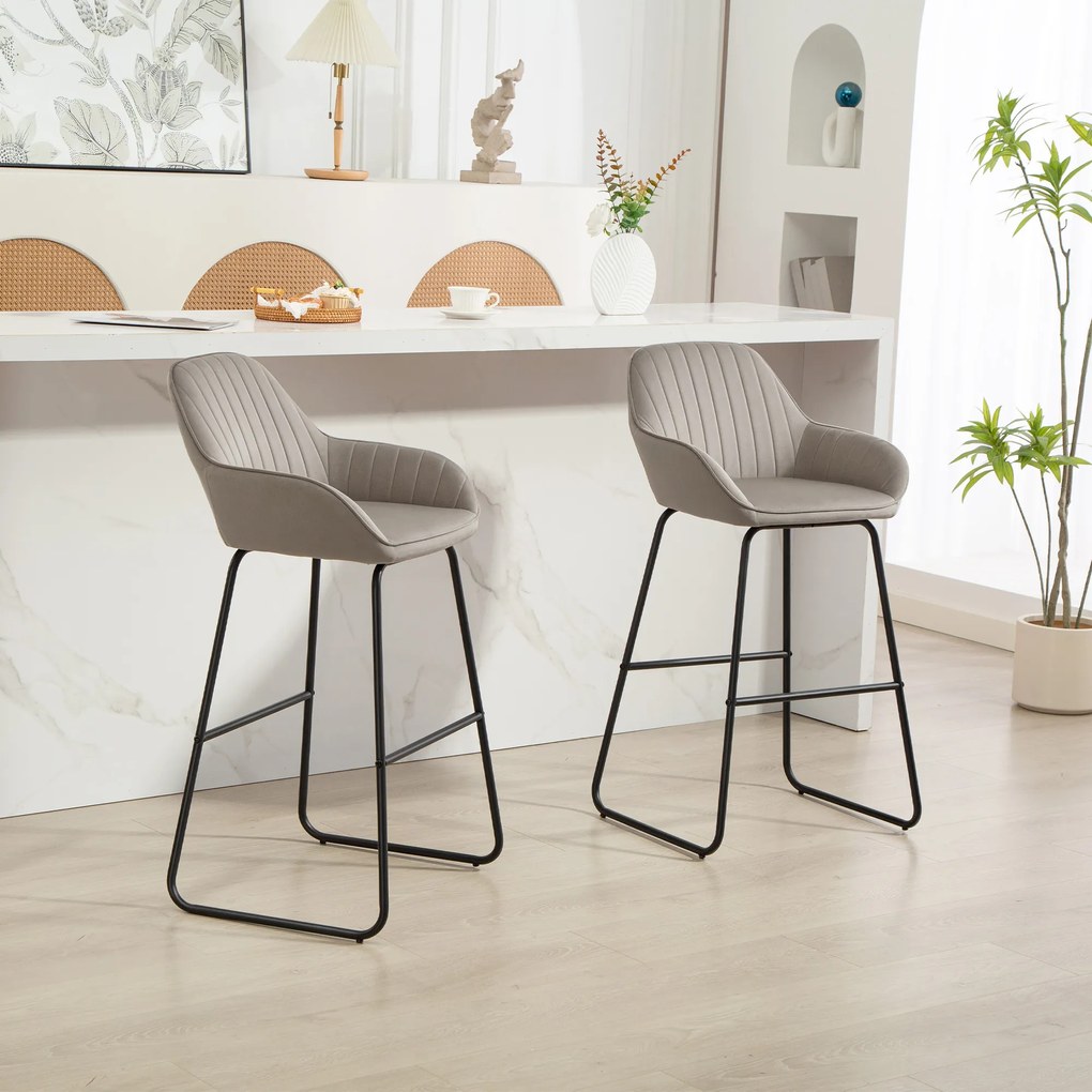 HOMCOM Set de 2 scaune de bar, Scaune de bar cu tapițerie și spumă, Scaune căptușite cu picioare metalice, Gri | Aosom Romania