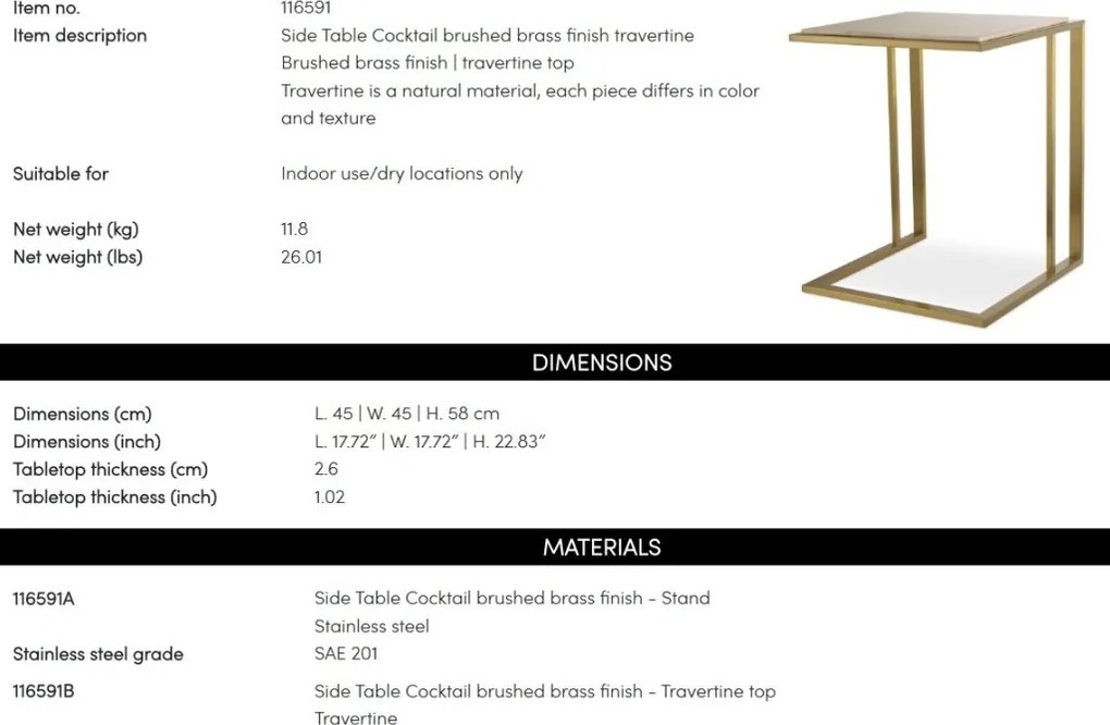 Masuta laterala design LUX cu blat din travertin Cocktail